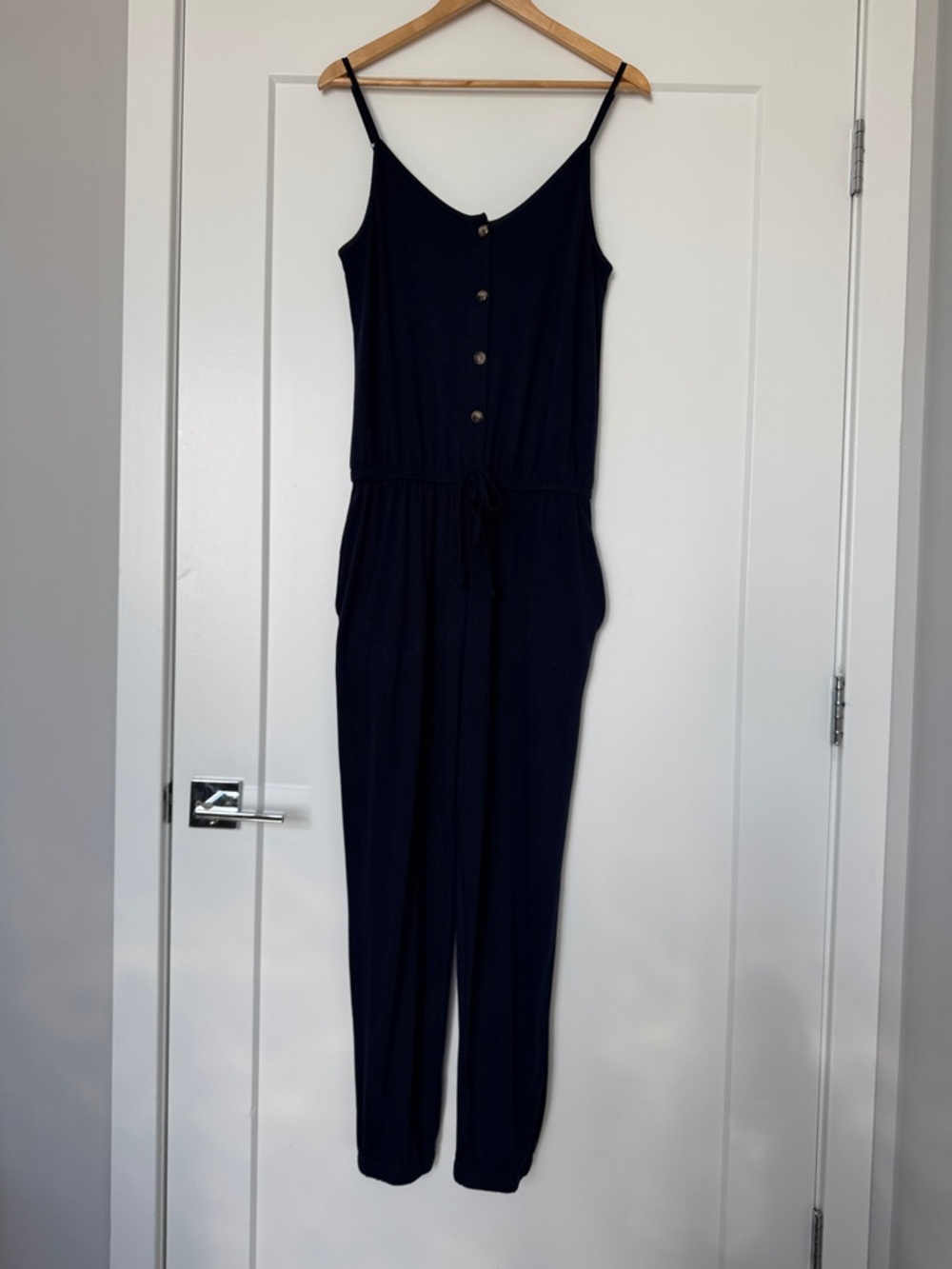 Women's Navy Button-Front Jumpsuit with Drawstring Waist